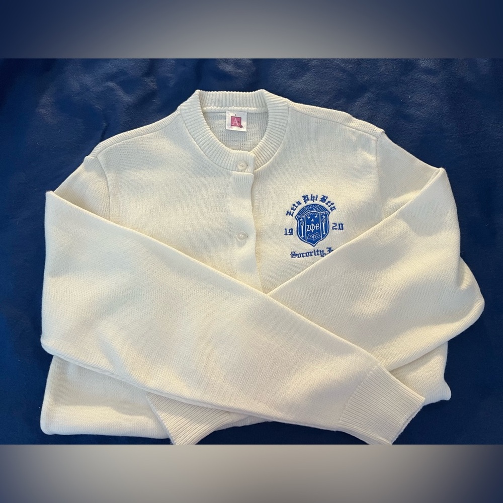 Zeta Phi Beta Sorority Women’s Cardigan White Sweater with Blue Embroidery